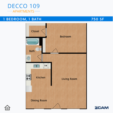 Floor plan for 1 bed, 1 bath, 750 sqft